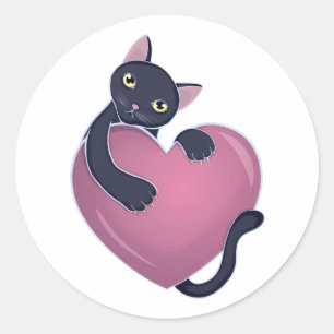 Cute Black Cat Holding onto Big Heart Classic Round Sticker