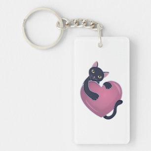 Cute Black Cat Holding onto Big Heart Key Ring