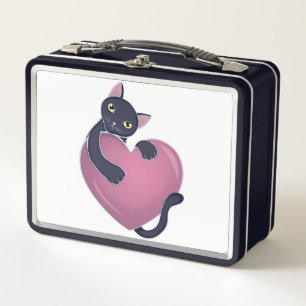 Cute Black Cat Holding onto Big Heart Metal Lunch Box