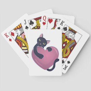 Cute Black Cat Holding onto Big Heart Playing Cards
