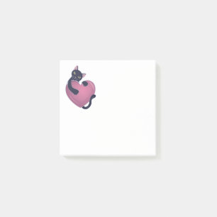 Cute Black Cat Holding onto Big Heart Post-it Notes