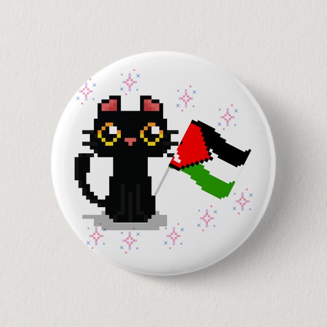 cute black cat holds Palestine flag 6 Cm Round Badge (Front)