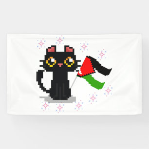 cute black cat holds Palestine flag Banner