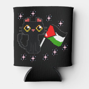 cute black cat holds Palestine flag Can Cooler