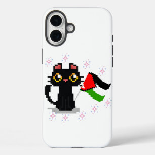 cute black cat holds Palestine flag iPhone 16 Plus Case