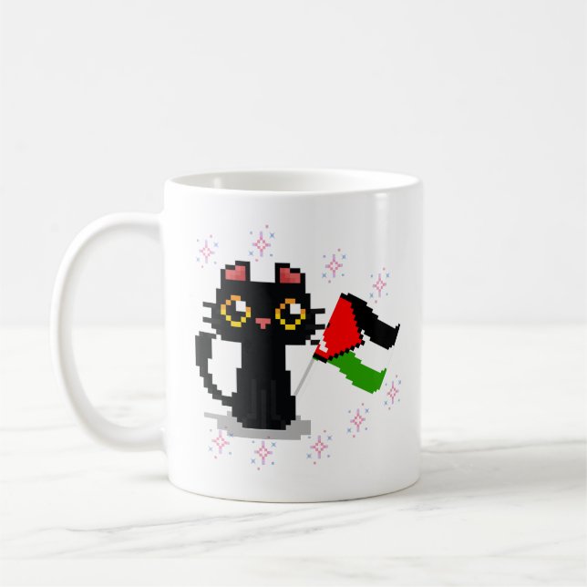 cute black cat holds Palestine flag Coffee Mug (Left)