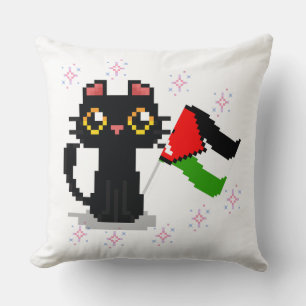 cute black cat holds Palestine flag Cushion