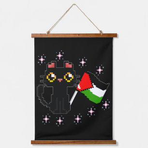 cute black cat holds Palestine flag Hanging Tapestry