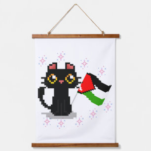 cute black cat holds Palestine flag Hanging Tapestry