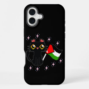 cute black cat holds Palestine flag iPhone 16 Plus Case