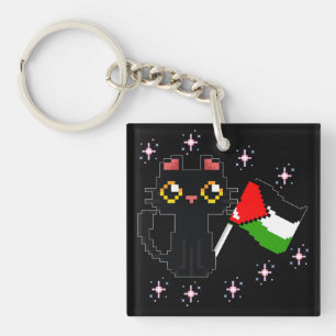 cute black cat holds Palestine flag Key Ring