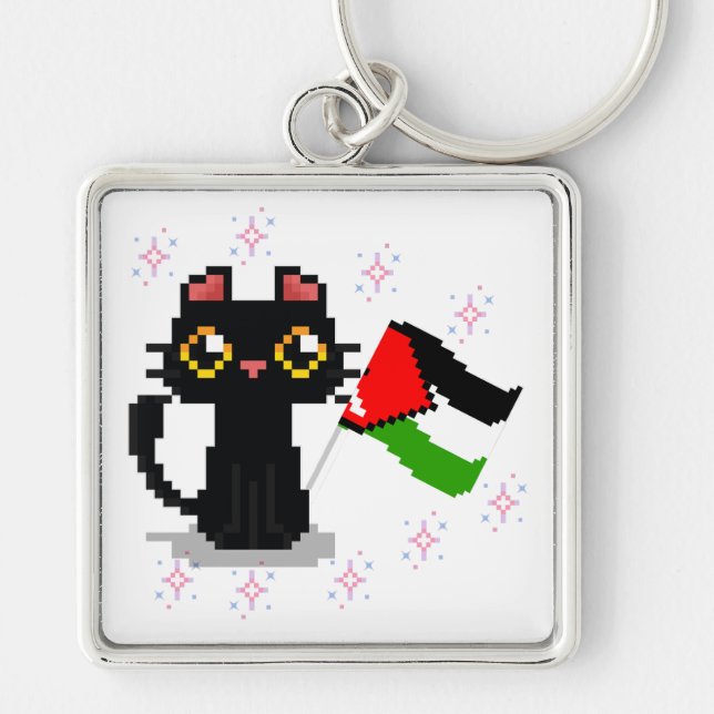 cute black cat holds Palestine flag Key Ring (Front)