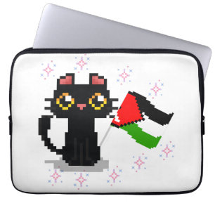 cute black cat holds Palestine flag Laptop Sleeve