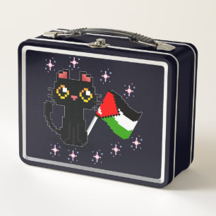 cute black cat holds Palestine flag Metal Lunch Box