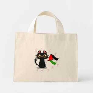 cute black cat holds Palestine flag  Mini Tote Bag