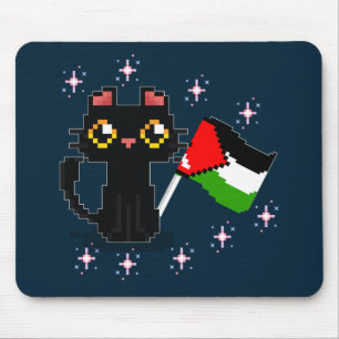 cute black cat holds Palestine flag Mouse Pad