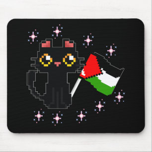 cute black cat holds Palestine flag Mouse Pad