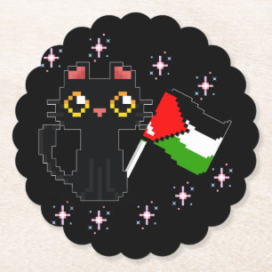 cute black cat holds Palestine flag Paper Coaster