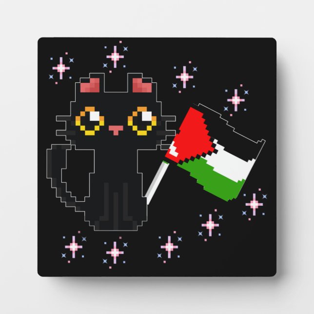 cute black cat holds Palestine flag Plaque (Front)