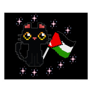cute black cat holds Palestine flag Poster