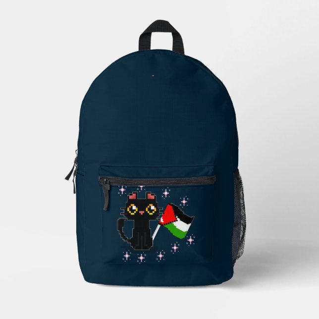 cute black cat holds Palestine flag  Printed Backpack (Front)