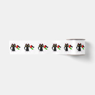 cute black cat holds Palestine flag Satin Ribbon