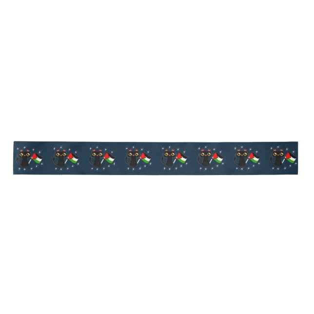 cute black cat holds Palestine flag Satin Ribbon (Front)