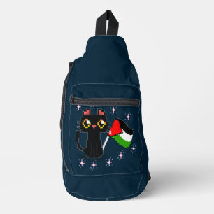 cute black cat holds Palestine flag Sling Bag