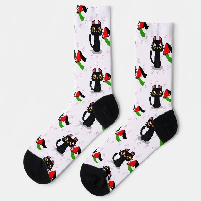 cute black cat holds Palestine flag Socks (Left)