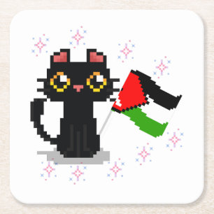 cute black cat holds Palestine flag Square Paper Coaster
