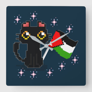 cute black cat holds Palestine flag Square Wall Clock