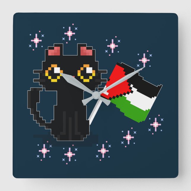 cute black cat holds Palestine flag Square Wall Clock (Front)