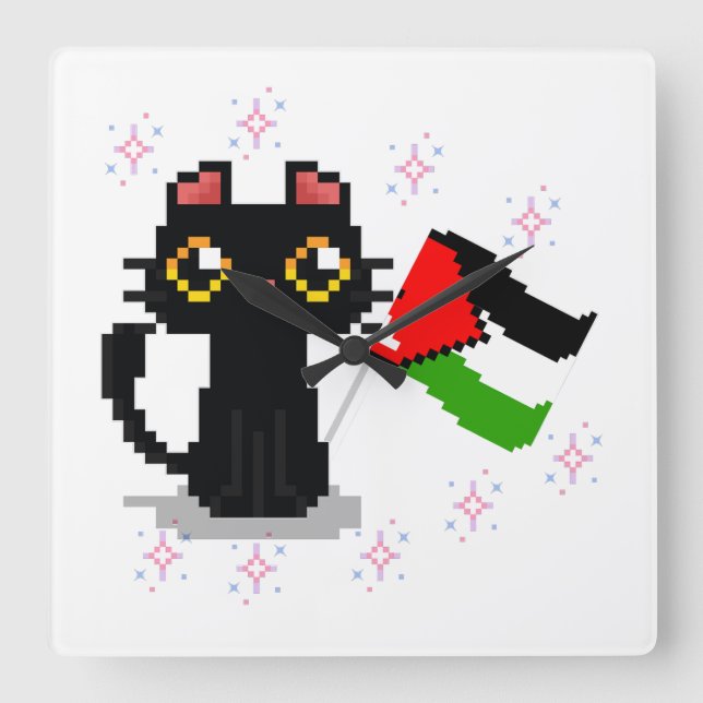 cute black cat holds Palestine flag Square Wall Clock (Front)