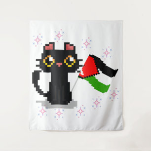 cute black cat holds Palestine flag Tapestry