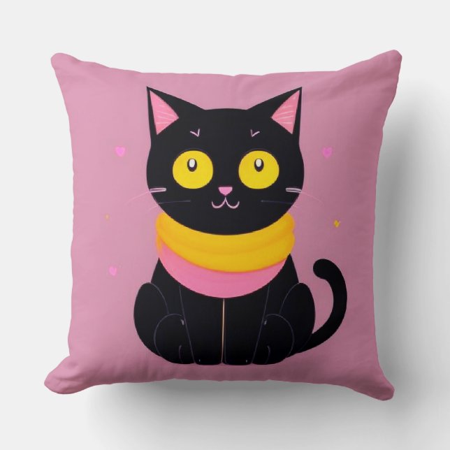 Cute Black Cat Illustration Cushion (Front)