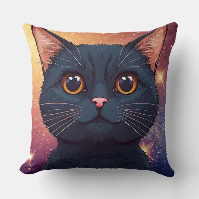 Cute Black Cat Illustration Cushion (Front)