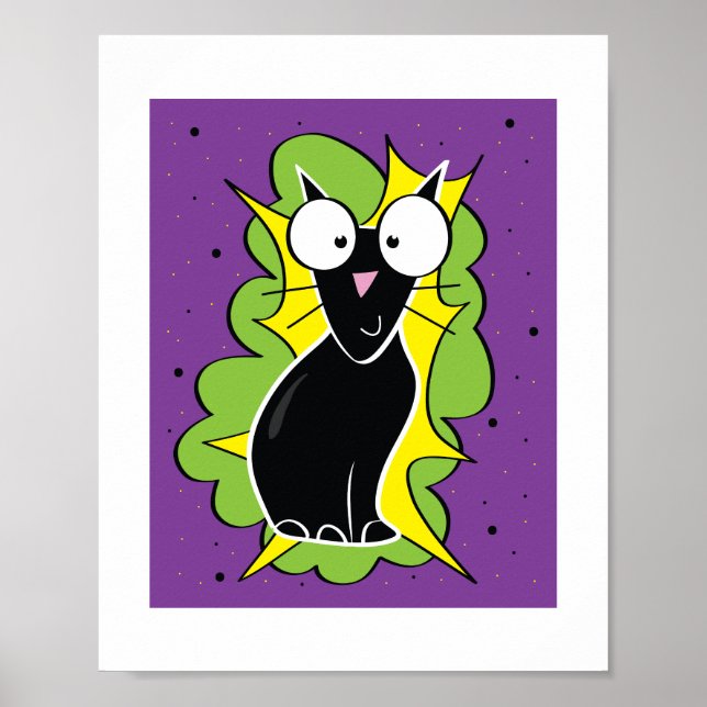 Cute Black Cat Illustration - Kids Animal Art Poster (Front)