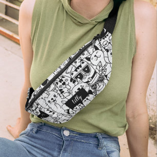 Cute Black Cat Illustration Kitty Drawing Monogram Bum Bags