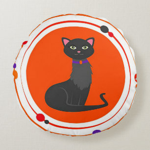 Cute Black Cat Illustration with Vibrant Colours Round Cushion