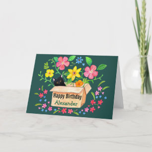 Cute Black Cat in a Box Custom Name Text Birthday Card