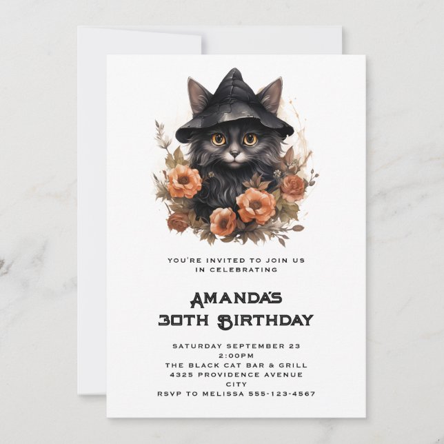 Cute Black Cat in a Witch's Hat Birthday Invitation (Front)