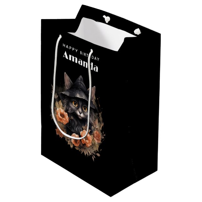 Cute Black Cat in a Witch's Hat Birthday Medium Gift Bag (Front Angled)