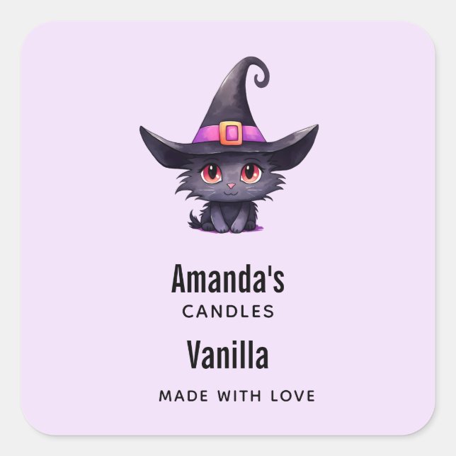 Cute Black Cat in a Witch's Hat Candle Business Square Sticker (Front)