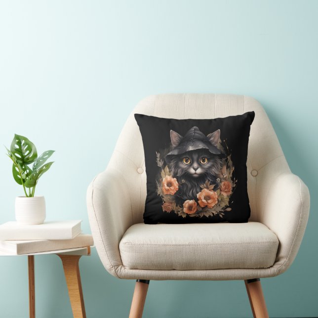 Cute Black Cat in a Witch's Hat Cushion (Chair)