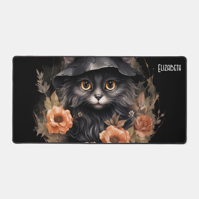 Cute Black Cat in a Witch's Hat Desk Mat (Front)