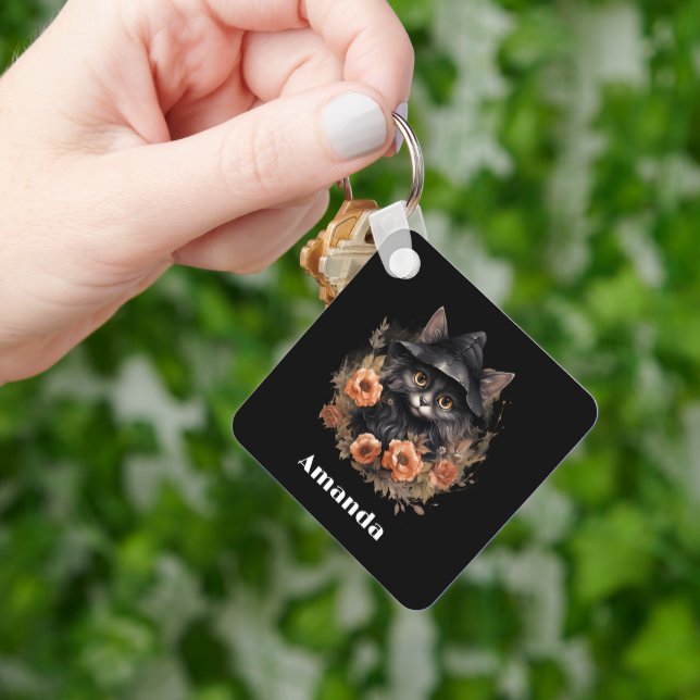 Cute Black Cat in a Witch's Hat Key Ring (Hand)