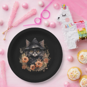Cute Black Cat in a Witch's Hat Paper Plate