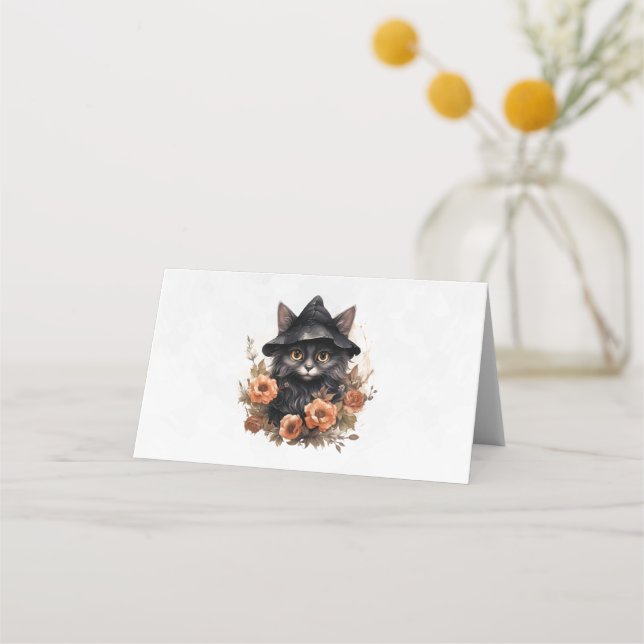 Cute Black Cat in a Witch's Hat Place Card (Front)