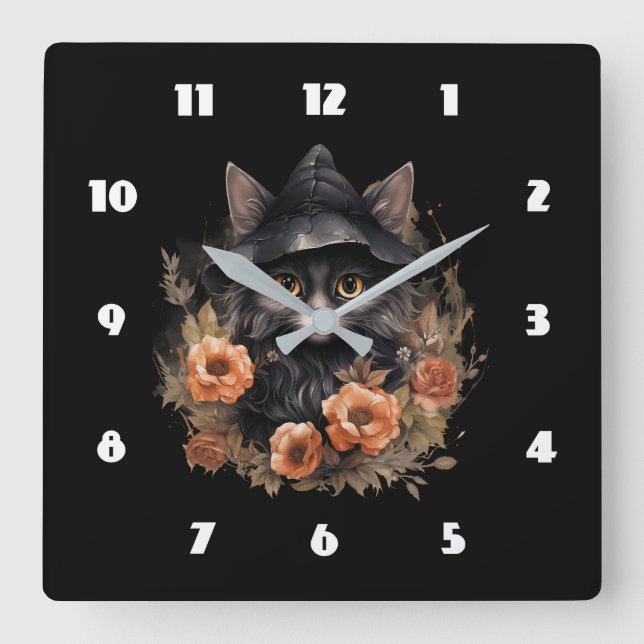 Cute Black Cat in a Witch's Hat Square Wall Clock (Front)