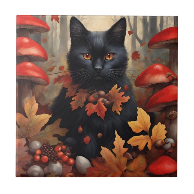 Cute Black Cat in Autumn Forest Ceramic Tile (Front)